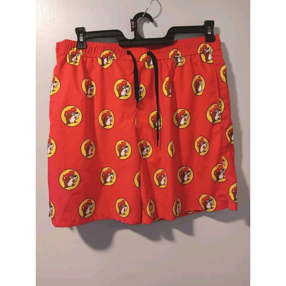 Buc-ees Swim Trunks Adult XL Red Pockets Logo Lined All Over Print Mens - Picture 1 of 4